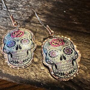 Handmade Boho Copper Earrings, Day of The Dead Rose Wire Earrings, Gift Box
